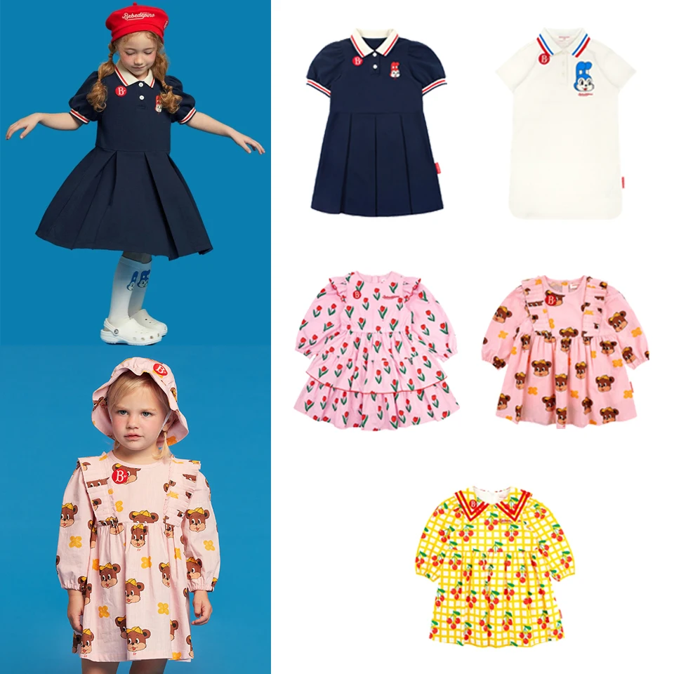 

Korea Bebe Brand Children's Summer Dress Cartoon Fruit Print College Style Bubble Long-Sleeved Short-Sleeved Girls Dress Casual