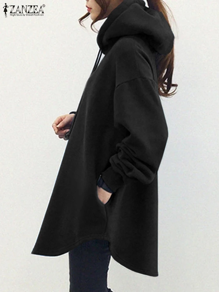 เสื้อฮู้ดดี้สีดำทรงโอเวอร์ไซส์สำหรับผู้หญิง แบรนด์ ZANZEA คอลเลคชั่นฤดูใบไม้ร่วง 2025 แขนยาวทรงหลวม ชายเสื้อโค้ง  เสื้อฮู้ดสตรีทแวร์สีพื้น ไซส์ 3XL
