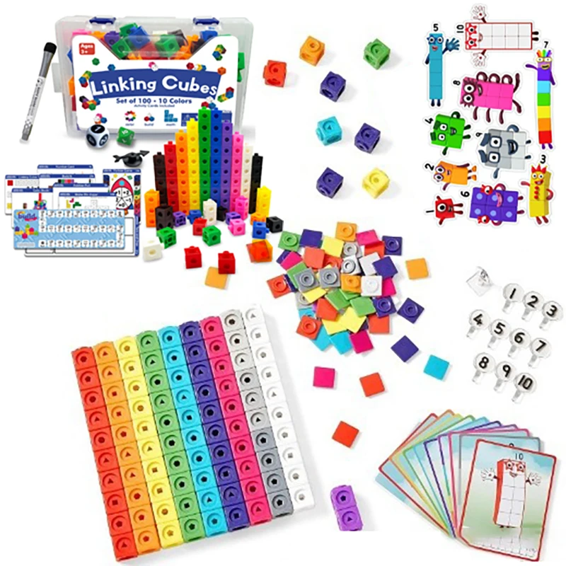 Linking Cubes Math Building Blocks Toy Activity Cards 100pcs Numbers Counting Counters Kids Educational Learning Bricks Gifts