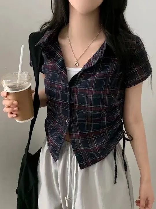

2025 New Comfortable Chic Summer Vintage ort Plaid irt Women's Collar Pleats Design Side Button up Fashionable Commute Sle Top
