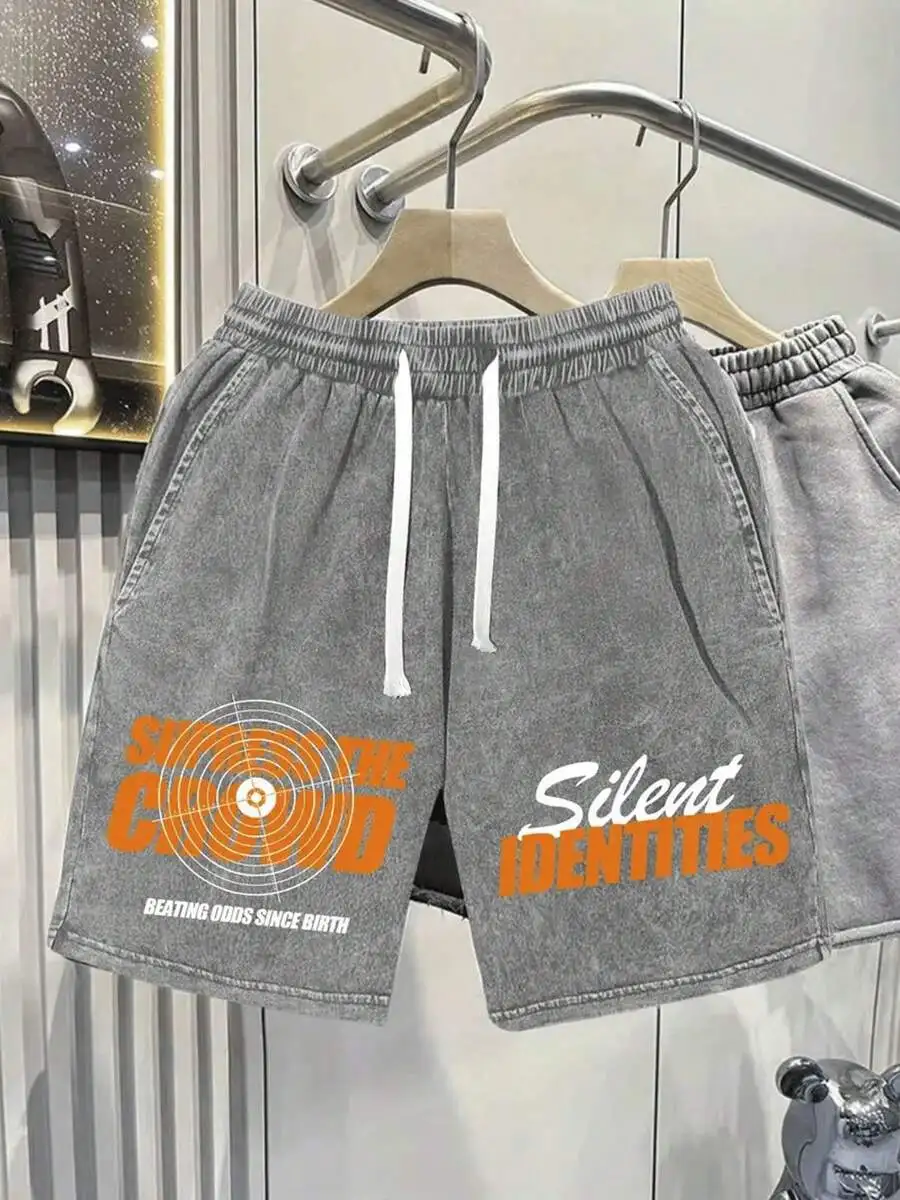 

Washed Cotton Shorts With Orange Graffiti Print Mens Casual Streetwear Summer Shorts