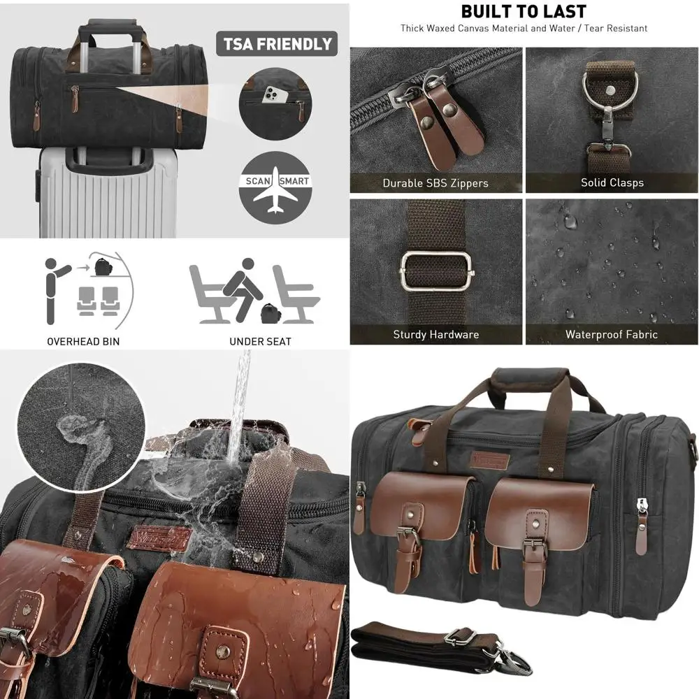 60L Expandable Waxed Canvas & Genuine Leather Travel Duffel Bag - Upgraded Weekender Bag (Vintage Black, Extra Large)