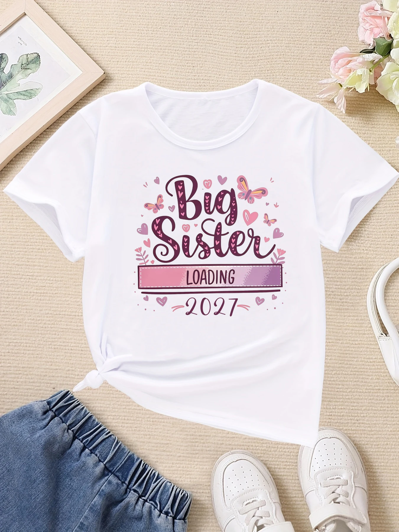 Big Sister Loading 2027 Butterfly Printed T Shirt Girls Kawaii Kids Clothes Summer T-Shirt Pregnancy Announcement T-Shirt