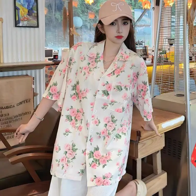 Pink Floral Cuban Collar Casual Short Sleeve Loose Shirts Men Blouse Women Hawaii Beach Shirts Japanese Blusas Casuais Summer