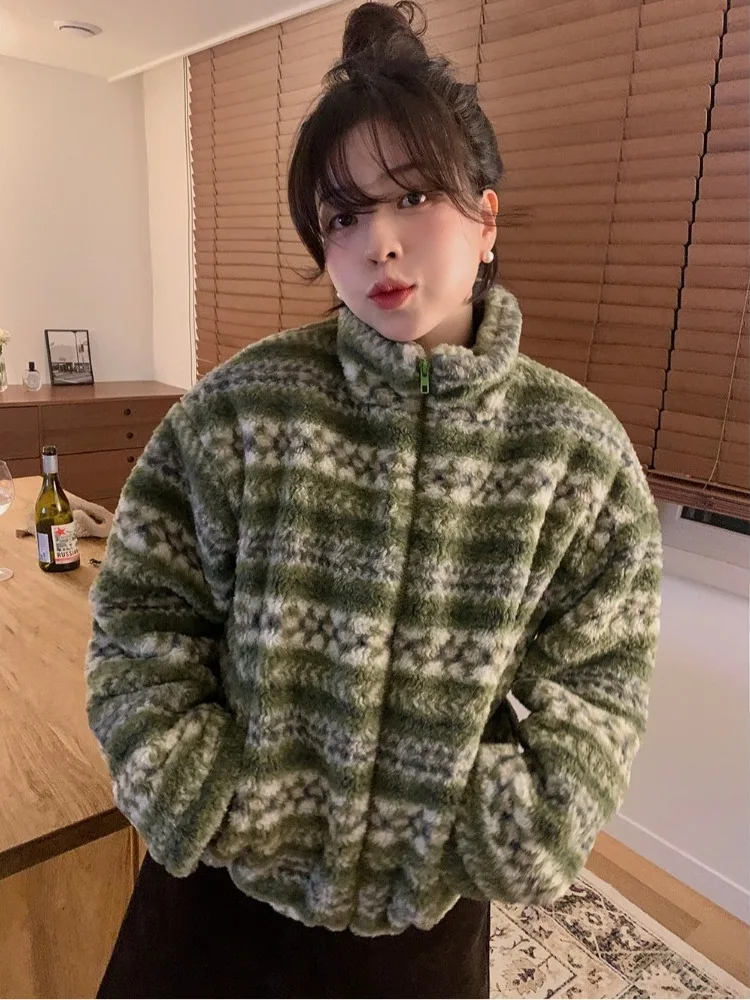 

Retro Dongdaemun Fair Isle Color Blo Embroidery Ethnic Sle Lamb Fur Cotton Jaet Women Loose Fit Zipper Closure Long Sve