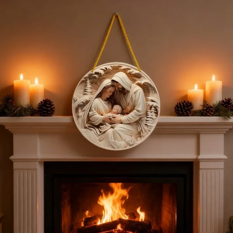 Letrero de Navidad y cumpleaños, decoración redonda hecha a mano para colgar en la pared, diseño de Jesús María José, No necesita energía para vacaciones en la puerta delantera