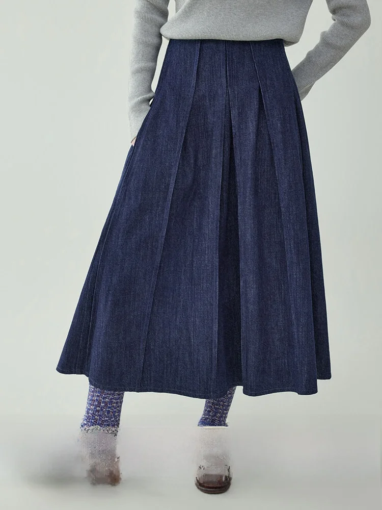 AMUU North Island Retro Blue Denim Midi Skirt Women's Spring New High Waist Wide Skirt Casual Style A-Line Gored Skirt