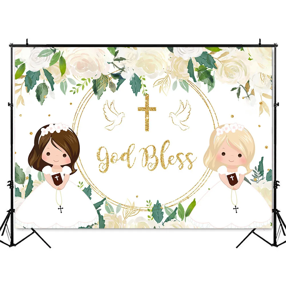 God Bless Cross Backdrop White Flowers Baby Shower Photo Background Peace Dove First Communion Photo Backdrops Photocall Props