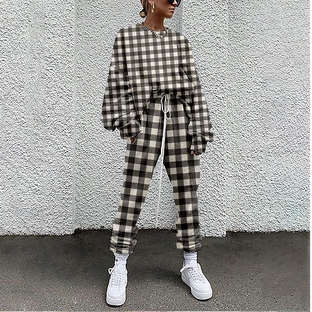 SOJINM New Women Tracksuit Lattice Print 2 Piece Outfit Sweatshirt+Straight Sweatpants Matching Set Fitness Sporty Streetwear