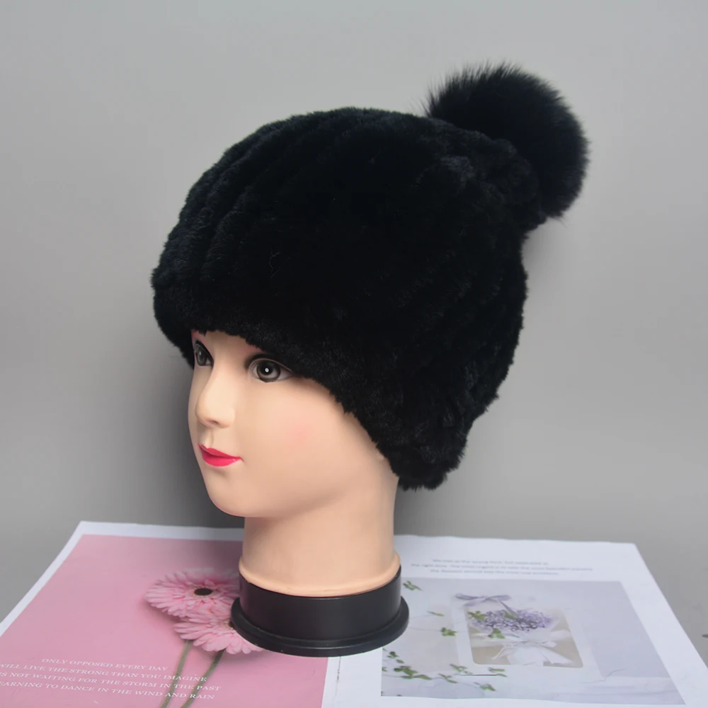 2024 Knitted Rex Rabbit Fur Beanies Hats Women Real Rex Rabbit Fur Hat Quality 100% Real Genuine Rex Rabbit Fur Fox Fur Ball Cap