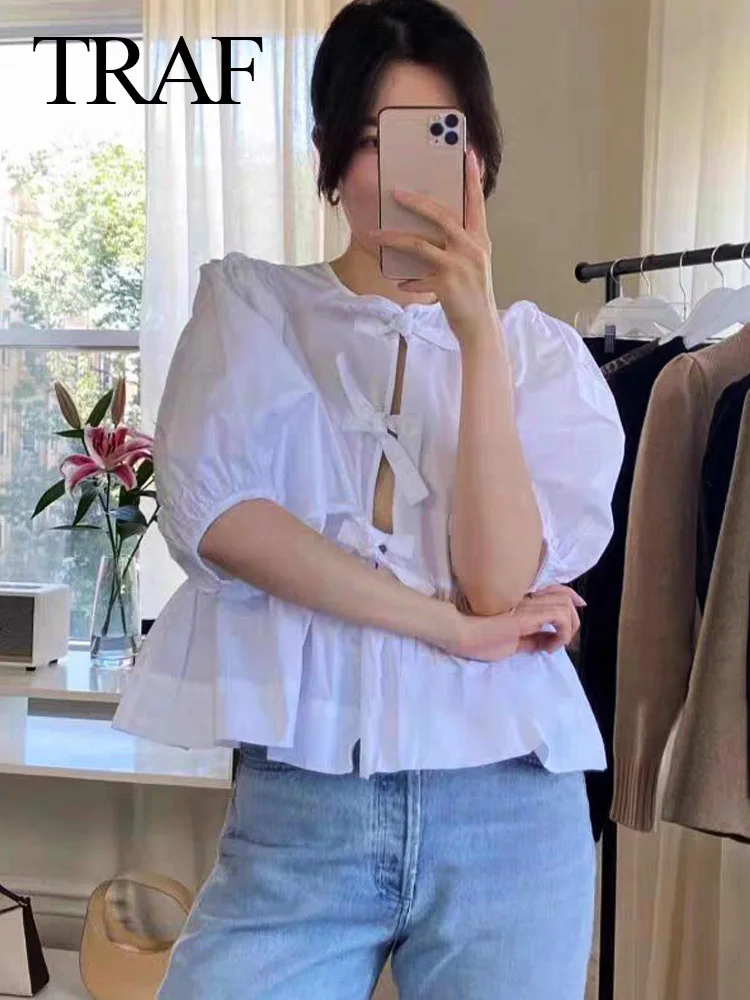 TRAF 2024 Summer Women\'s Solid White Cropped Tops Black Short Sleeve Puff Sleeves Lace Up With Bow Cardigan T Shirts Beach Style