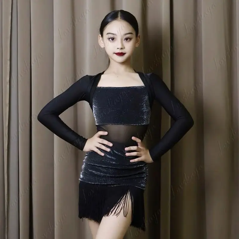 

Высококачественный костюм для латинских танцев, тренировочный костюм, черная юбка со звездами и бахромой, новый тренировочный костюм для женщин