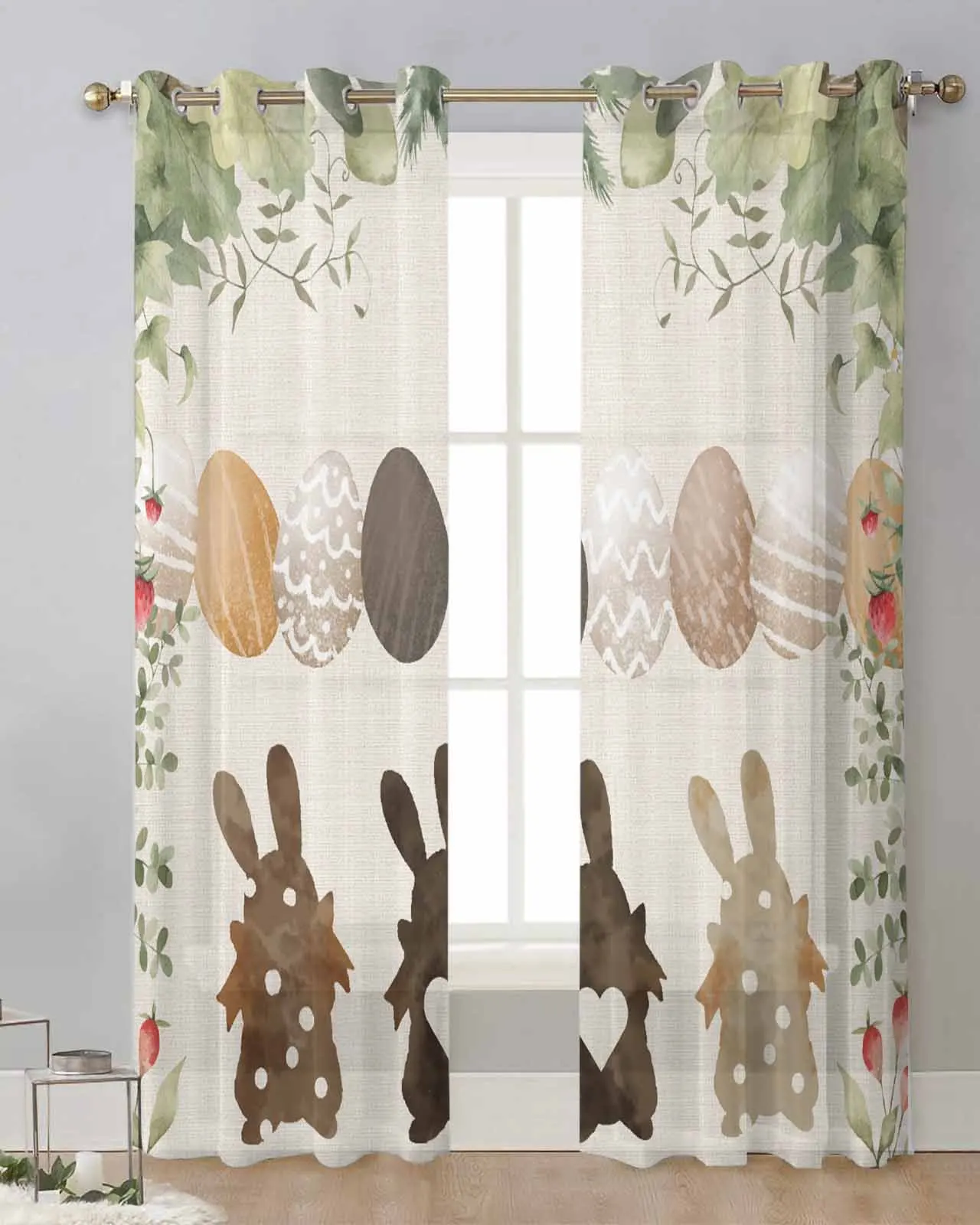 Easter Eggs Bunny Watercolor Flowers Sheer Curtains for Living Room Window Transparent Voile Tulle Curtain Home Decor Drapes