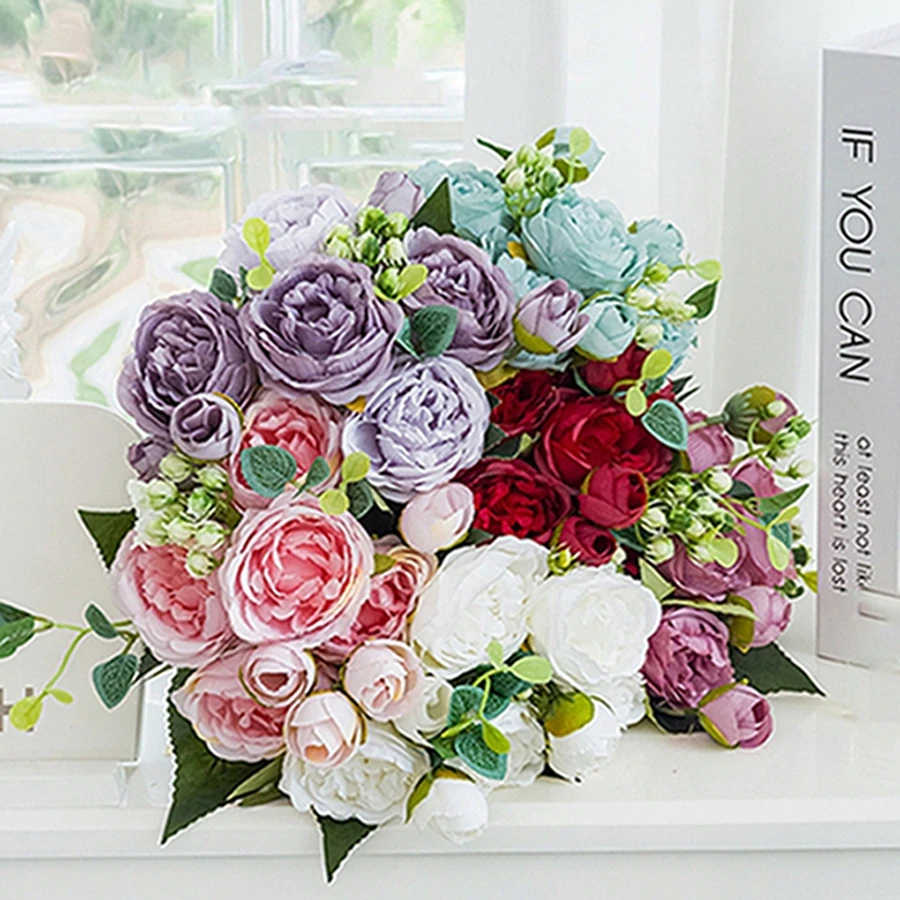 

10Pcs Silk Roses Artificial Flowers Peony Outdoor Wedding Wreath Bridal Bouquets Festival Decorations Vase Home Photograph Props