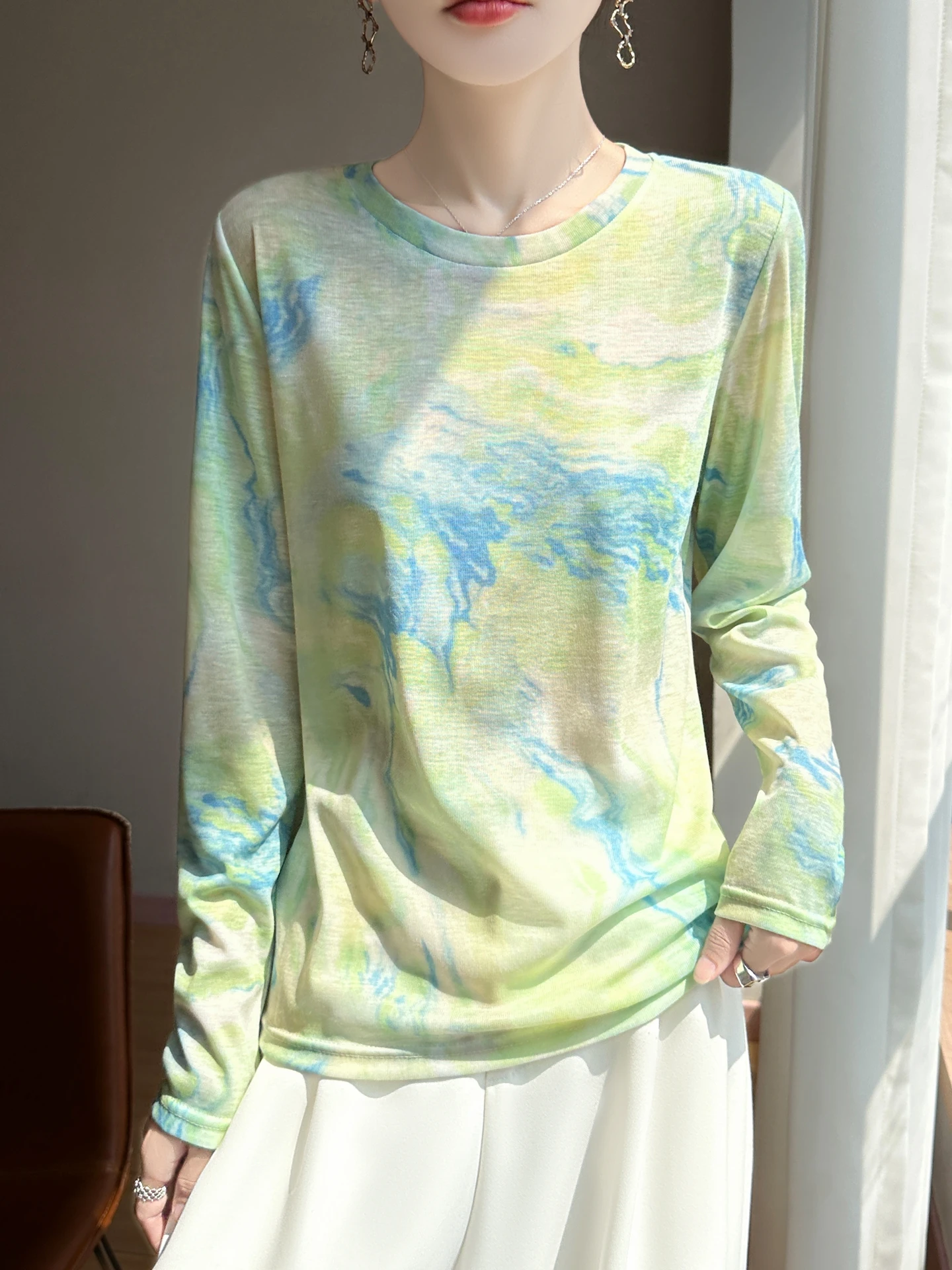 Lace Long Sve Damen-Strick-T-Shirt, runder Ne-Pullover, leicht, luxuriös, hautfreundlich, Base Irt, lässige, lockere Passform