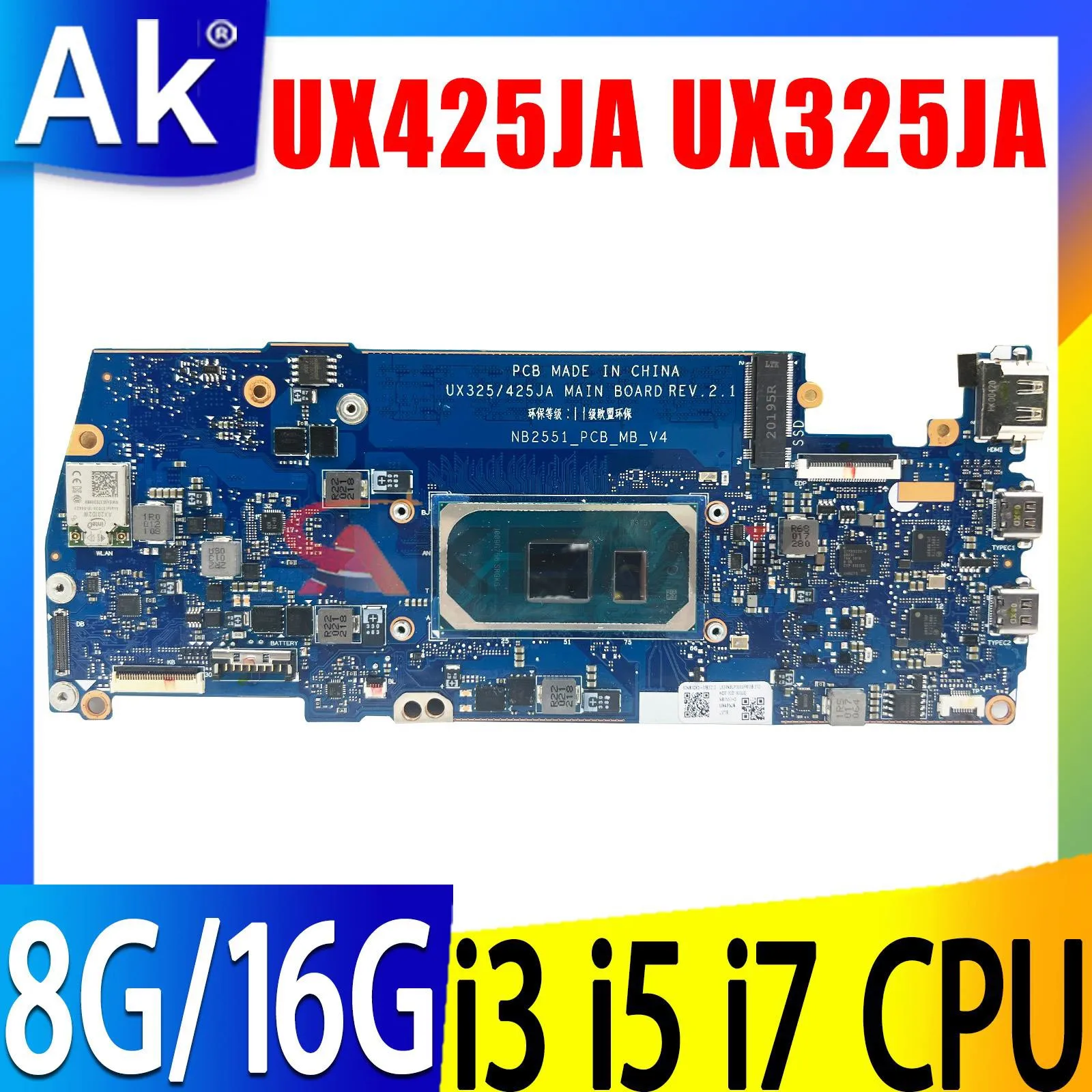 UX425JA UX325JA มาเธอร์บอร์ดสำหรับแล็ปท็อป UX325JA ASUS Zenbook 14 13 UX425JA มาพร้อมกับ i5 i3 i7เมนบอร์ด CPU รุ่น10th 8GB RAM 16GB