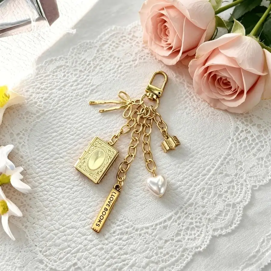 1/5/10/20/50/100pcs Gift for Her/Him: Key Chain with Vintage Gold Book Necklace, 