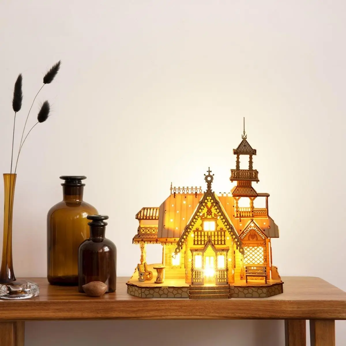 مجموعة نماذج خشبية ثلاثية الأبعاد للمنزل الصغير مع لعبة تجميع ألغاز قلعة خفيفة يمكنك صنعها بنفسك مجموعات نماذج للأطفال والكبار لتزيين المكتب للهدايا #2