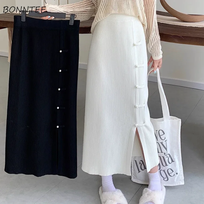 Women Skirts Autumn Winter Knit Side Slit Elegant Midi Chinese Style Casual Fashion Retro Solid Simple All-match A-line Faldas