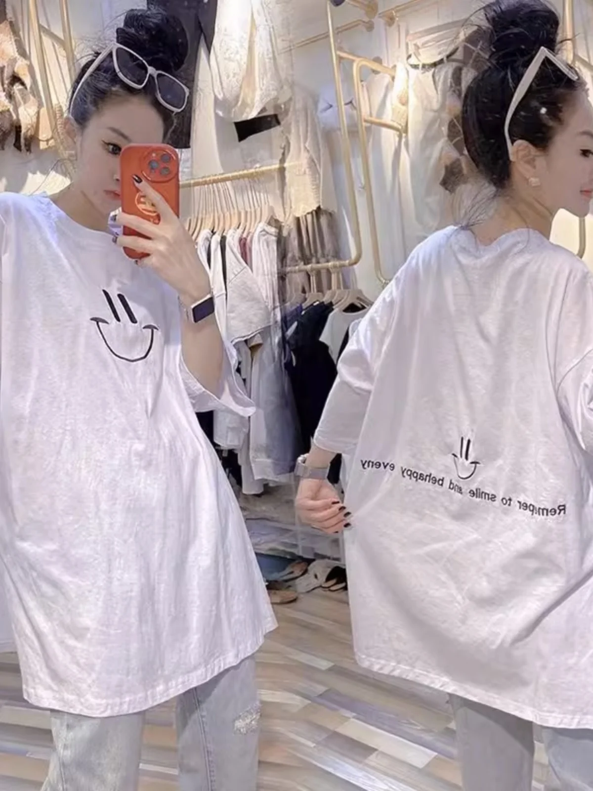 Extra Large Size 300 Pounds Heavy Embroidery  Face Short Sleeve T-Shirt Women Summer Loose Belly Covering Anti-Aging El...