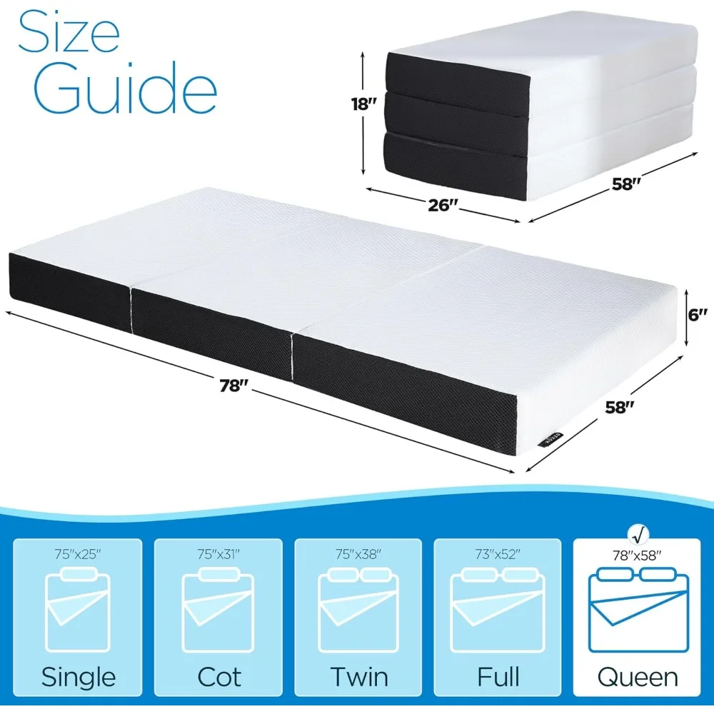 Folding Mattress Queen Size,6 inch Tri-fold Memory Foam Mattress Topper ,  Bottom Mattress Guest Bed Queen Size, 78