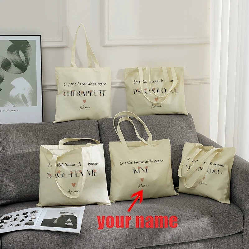 Personalized Name Therapist Leopard Colleague Psychologist Flowers Canvas Shopping Bag Travel Pouch for Women Caregiver Gifts