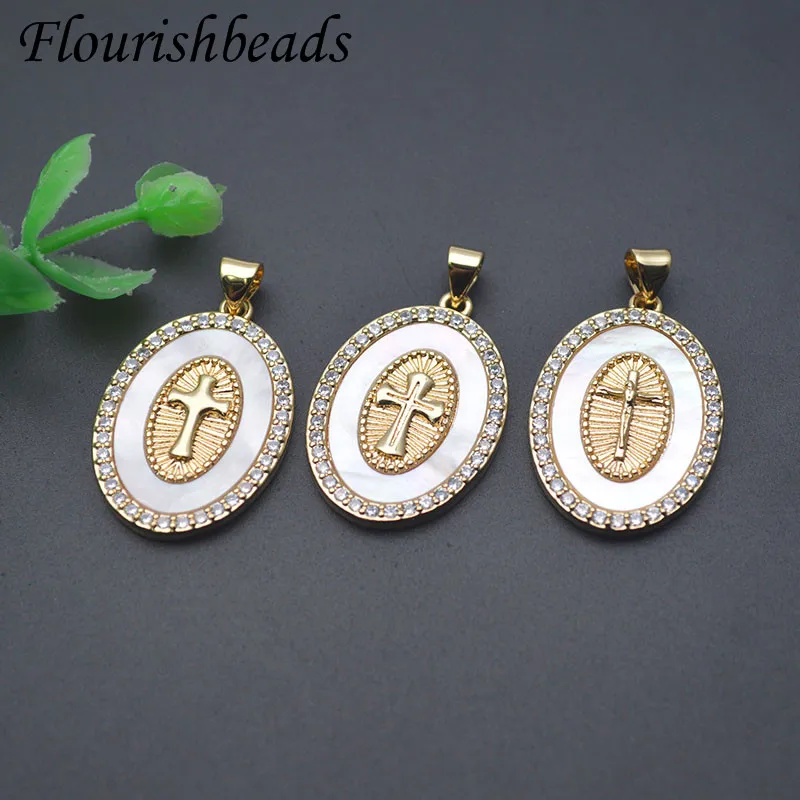 20x27mm Paved CZ Beads Natural MOP Shell Oval Shape Cross Pendant for DIY Handmade Jewelry Making Necklace