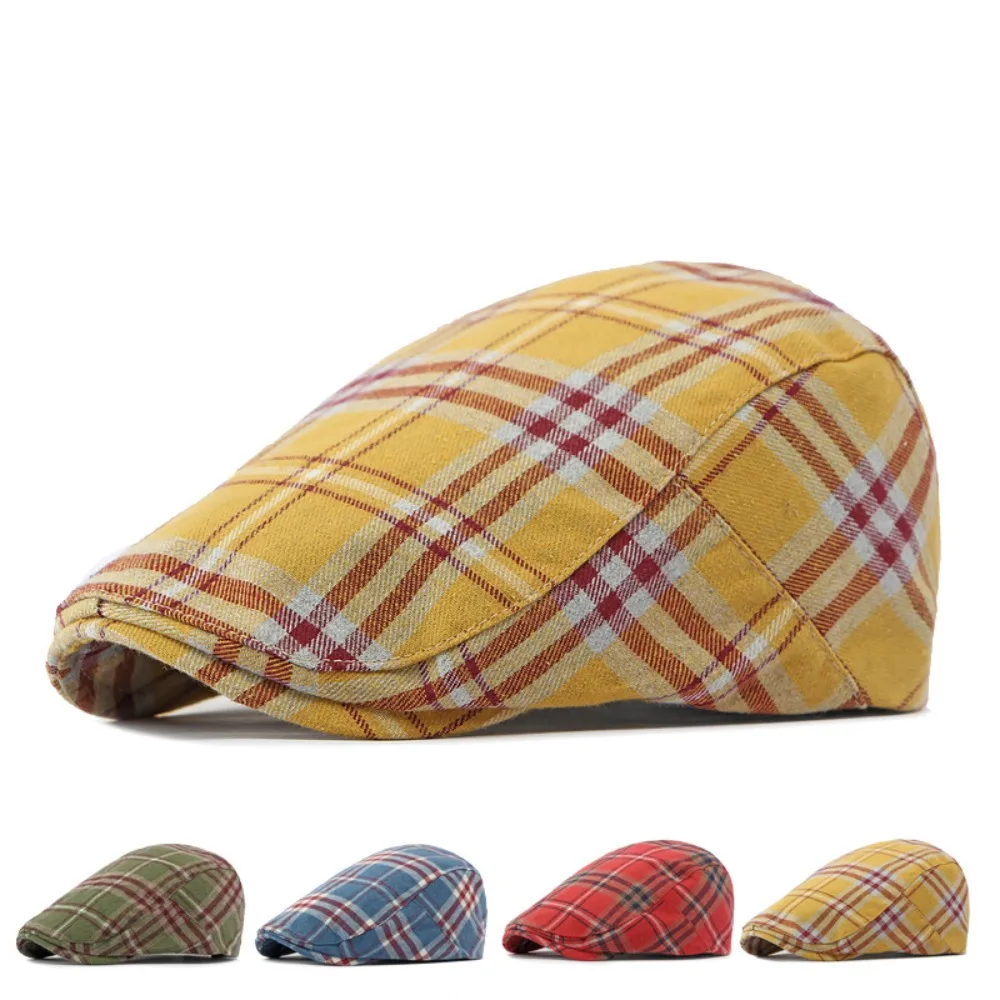 Keep Warm Vintage English Hat Cool Korean Style Yellow Tartan Beret Ventilate Bob Hat Thick Octagonal Cap Clothes Accessories