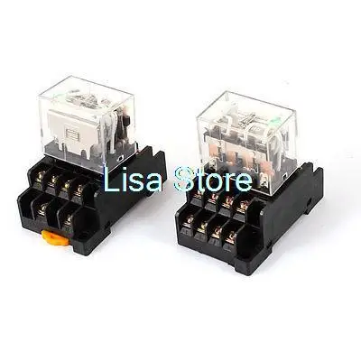 HH64P DC 24V Coil Green Indicator Light 4PDT 14 Pins Power Relay 2 Pcs + Socket Base