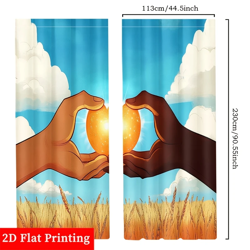 Hands Holding Sun Curtain, Diversity Unity Art Drape, Wheat Field Sky Print Home Decor for Living Room Bedroom Window Treatment