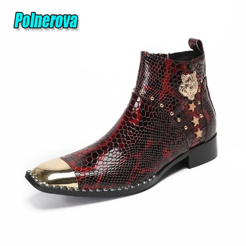 

Metal Square Toe Chelsea Boots for Men Wine Red Snake Pattern Genuine Leather Ankle Boots Luxury Rivet Zipper Party Prom Shoes