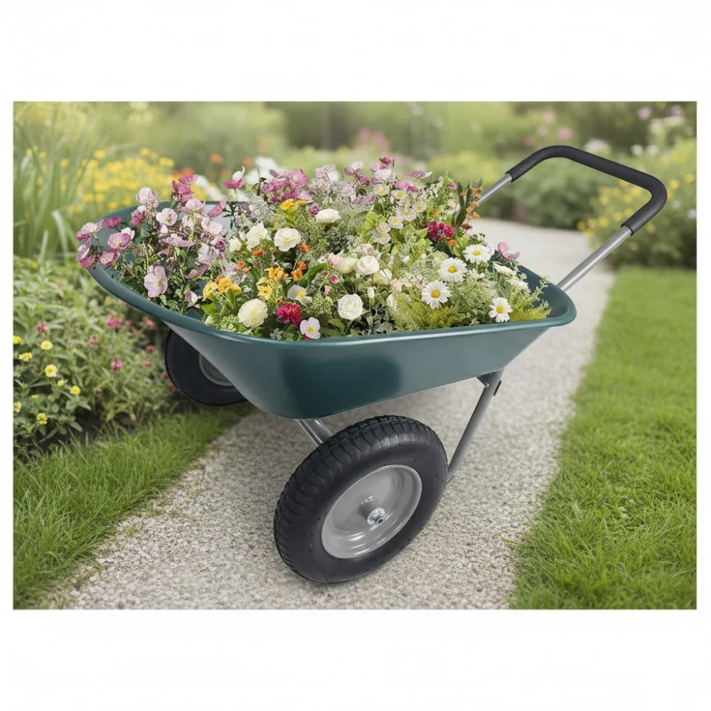 

Heavy Duty Dual Wheel Garden Cart with Built-in Stand, 300 lbs Capacity Utility Wheelbarrow for Home Yard