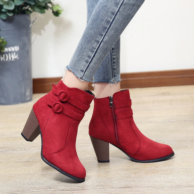 Retro Boots Women\'s Shoes Square Heel Woman High Shoe Rubber Ankle Female Solid Platform Short Boots Zapatillas Mujer size35-43