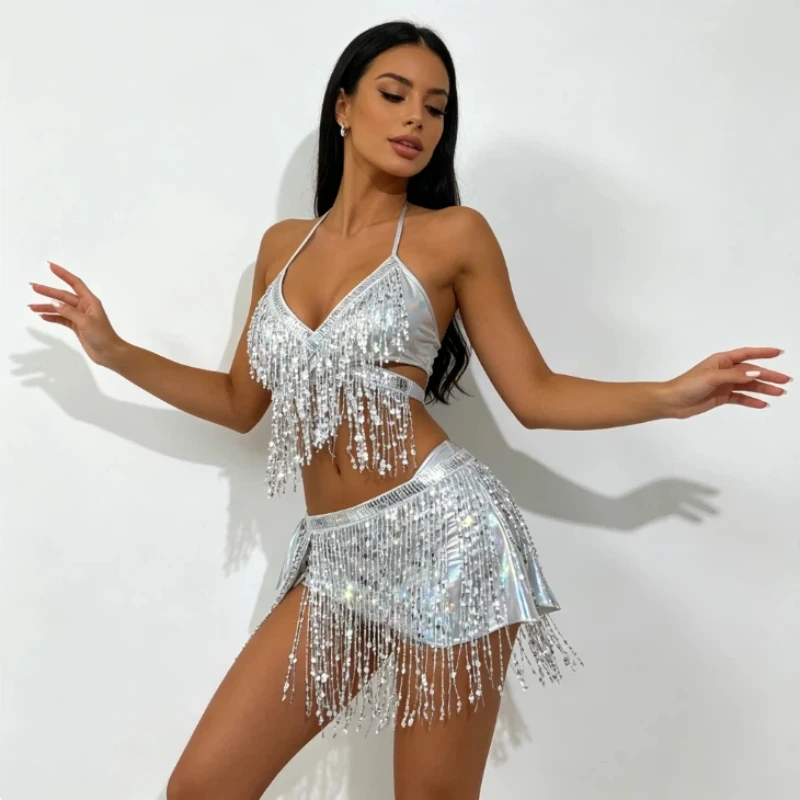 New Women's Modern Dance Costume Electric Syllable Split Swimsuit Three Piece Set Sparkling Fabric Sexy Tassel Costume