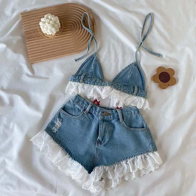 Lolita Girls Blue Denim Lace Two Piece Set Y2K Women Bustier Camis Crop Top High Waist Shorts Outfits Sexy Femenino 2 Piece Set