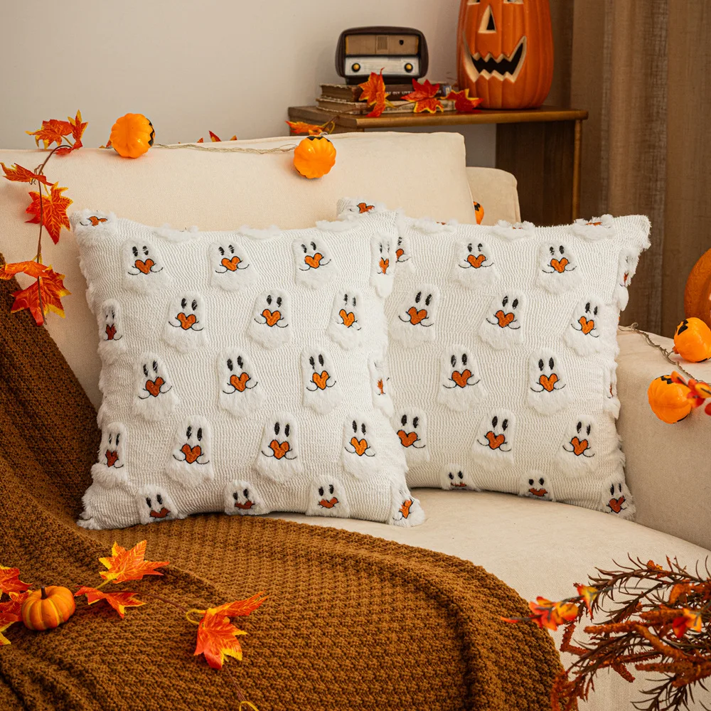 

Halloween Plush Pillow Cover Spooky Ghost Embroidery Cushion Cover Soft Fluffy Throw Pillow Case for Halloween Party Decor