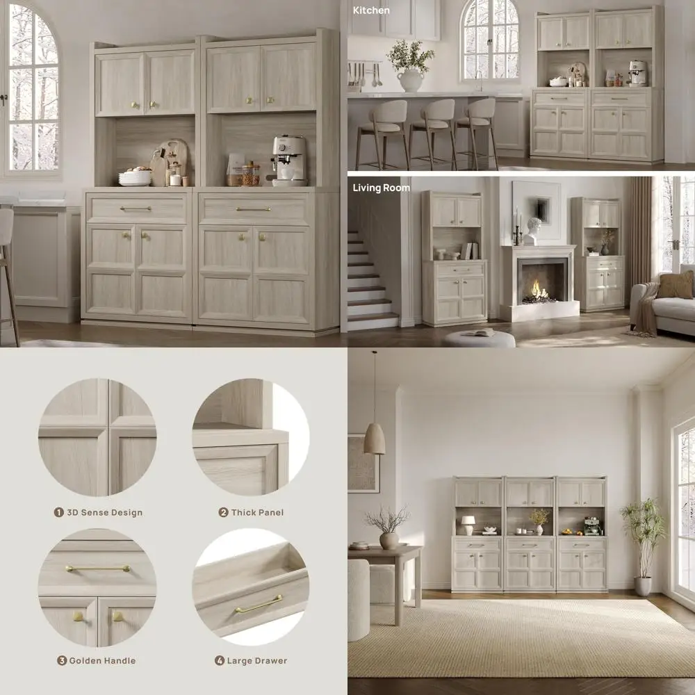 kitchen tall storage cabinet with doors and shelves, featuring drawers for coffee bar and food pantry organization