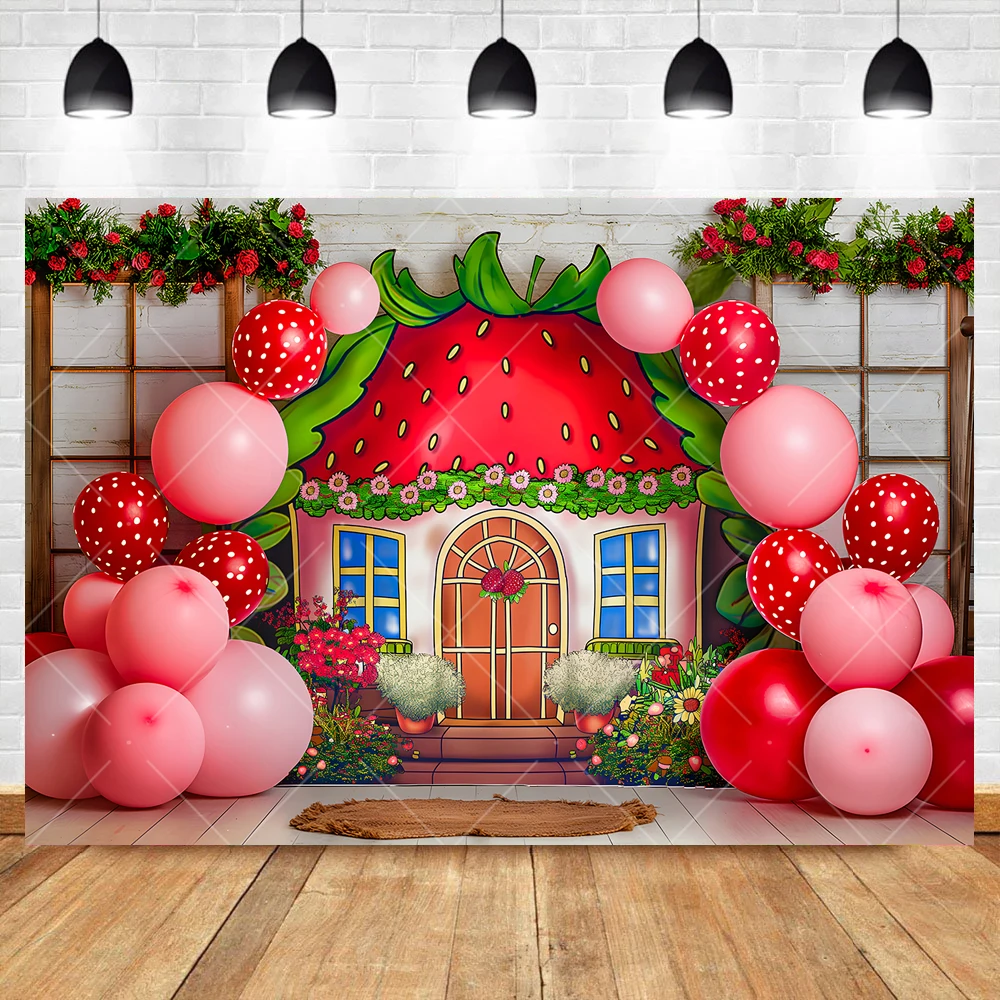 Red Strawberry Berry House BalloonArch Girl Boy Baby Kid Shower Birthday Party Cake Smash Backdrop Custom Decor Photo Background