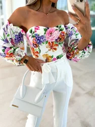 2024 Summer Sexy Off The Shoulder Blous Women Fashion Slash Neck Tube Top Floral Puff Sleeve Blouse Women