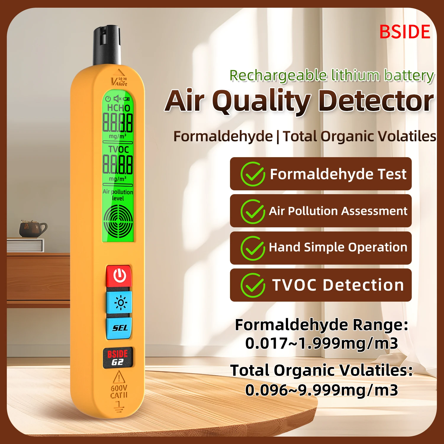 recarregavel portatil detector de qualidade do ar formaldeido hcho tvoc auto som e alarme de luz display lcd interior e viagem 01