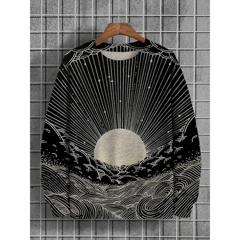 3D Printed Ocean Sun Hoodie For Men Women Abstract Sight Graphic Sweatshirts Fashion Long Sleeves Round Neck Oversized Hoodies