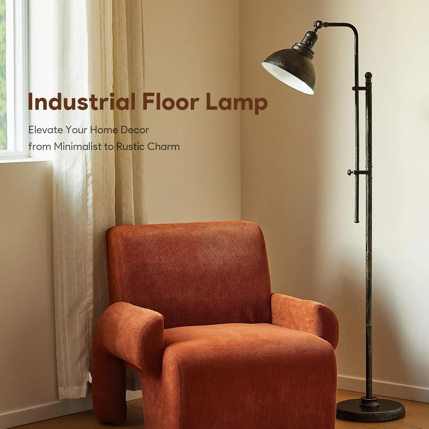 65'' verstellbare industrielle Vintage-Stehlampe für Wohnzimmer, Schlafzimmer und Büro, ETL-zertifiziert