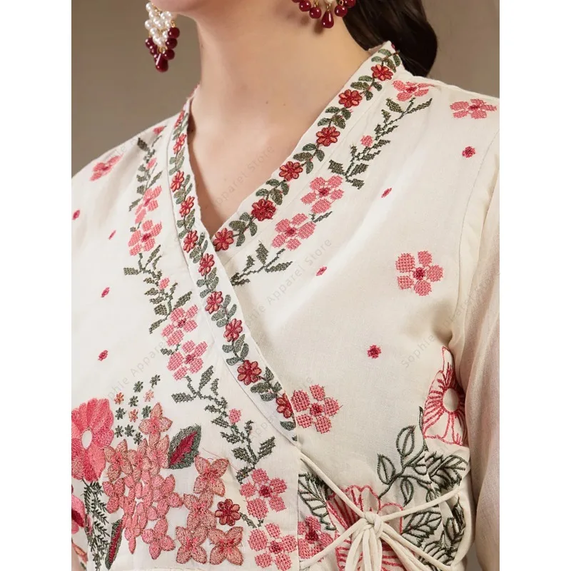 White Cotton Anarkali Kurti Set with Pant Dupatta Floral Embroidered Indian Ethnic Wear Elegant Summer Suit for Women - view 5