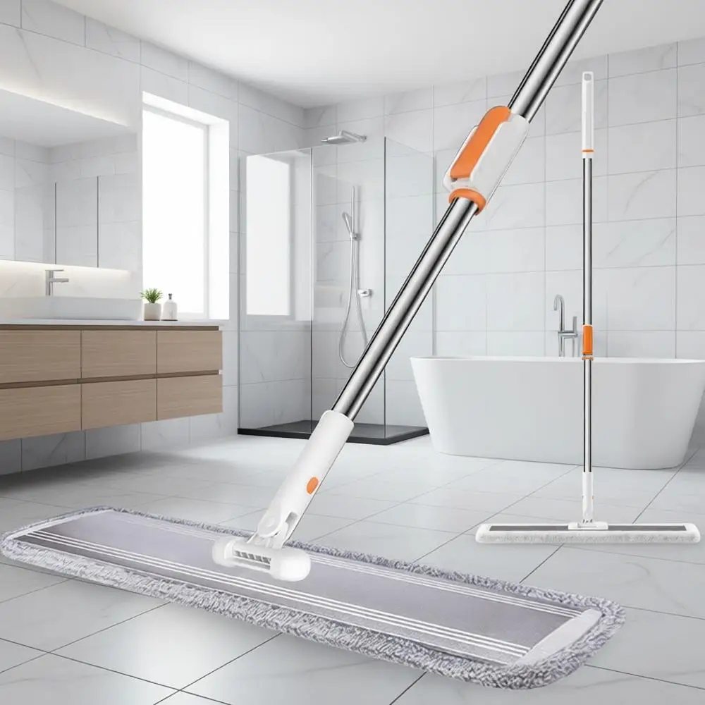 

32-дюймовая большая швабра из микрофибры с поворотом на 360 градусов ° Вращающаяся насадка, ручка из нержавеющей стали и 4 многоразовые моющиеся подушечки для твердых пород дерева, ламината, плитки.