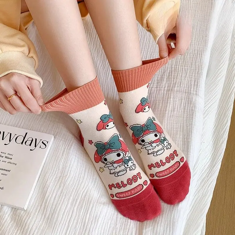 

Anime Socks Autumn/Winter Thickened Warm Cartoon Black & Beige My Melody Cute Children's Clothing Pure Cotton Mid-Calf Socks
