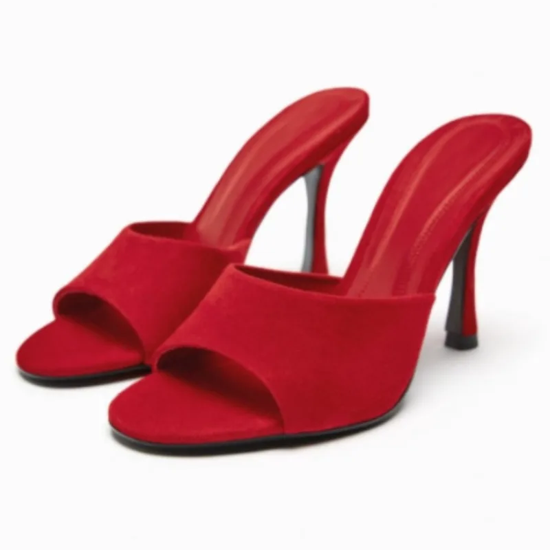 

Red Fish Mouth Women's Shoes, Stiletto High Heels, Matte Sheepskin One Piece One Line European and American Slippers, Large Size