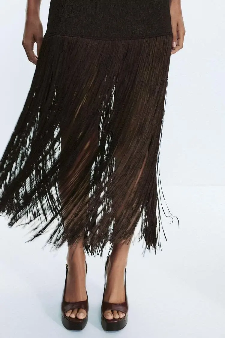 Zevity 2026 Women Sexy Hem Tassel Stitching Knitting Slim Midi Dress Female Chic Backless Hollow Out Club Party Vestidos DS9520 view 3