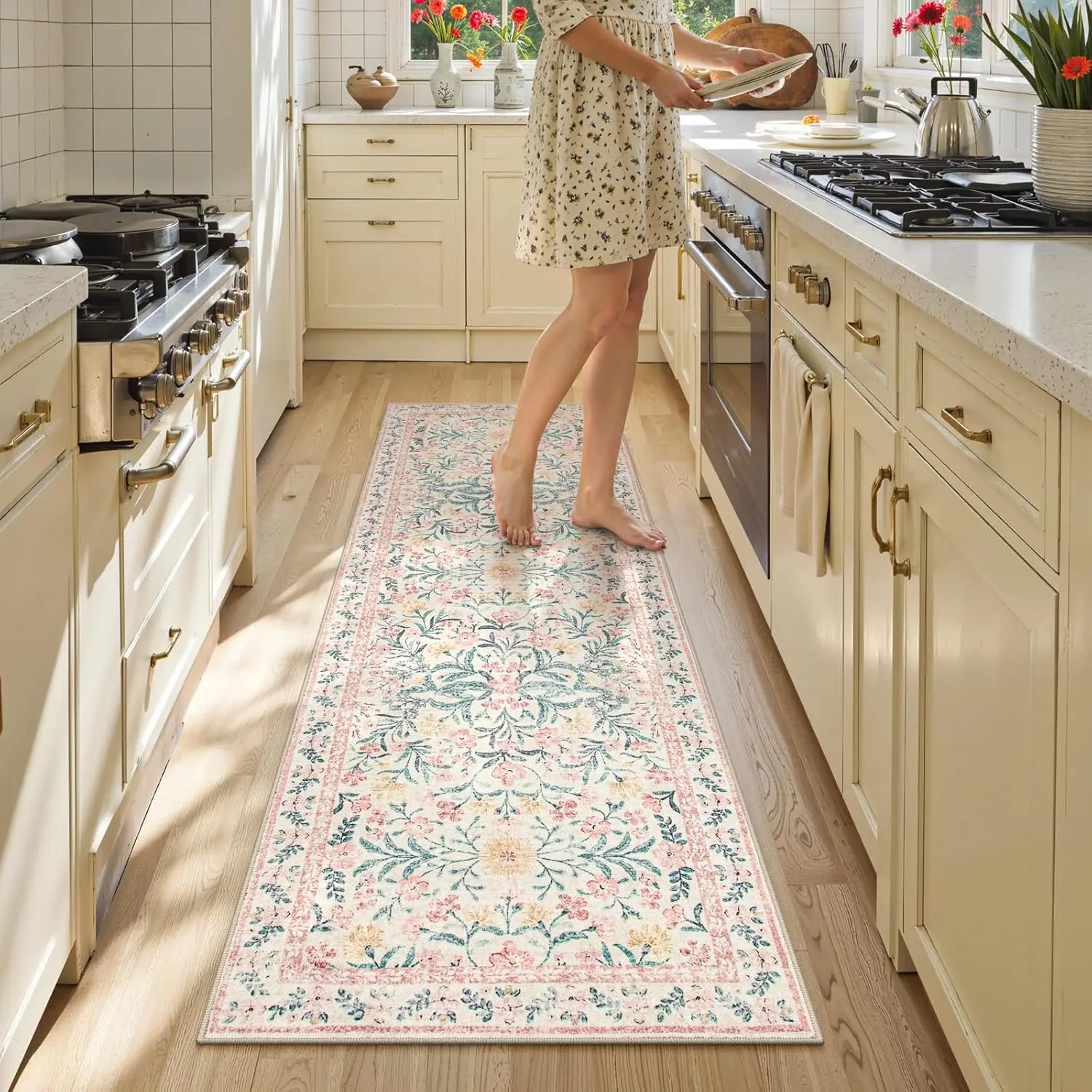Elegant Pastel Floral Kitchen Runner Rug, Non-Slip Washable Floor Mat with Botanical Print for Kitchen, Sink, Cooking Area