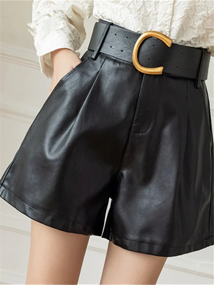 

Green Women's PU Leather Shorts with Belted 2024 New Stylish Pocket Elegant Casual Trousers Female Autumn Winter LJ15