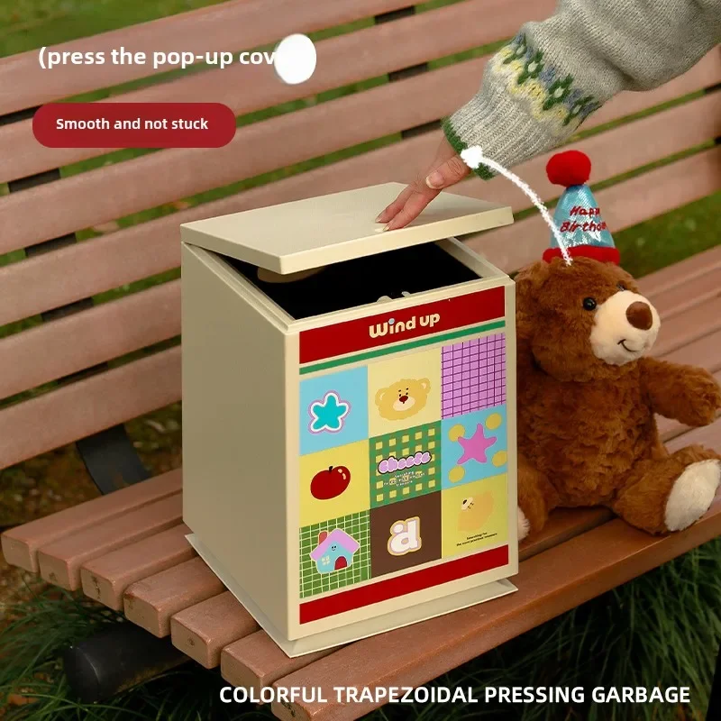 

Living room trash can household high value with cover press type large capacity new cute bedroom metal trash can